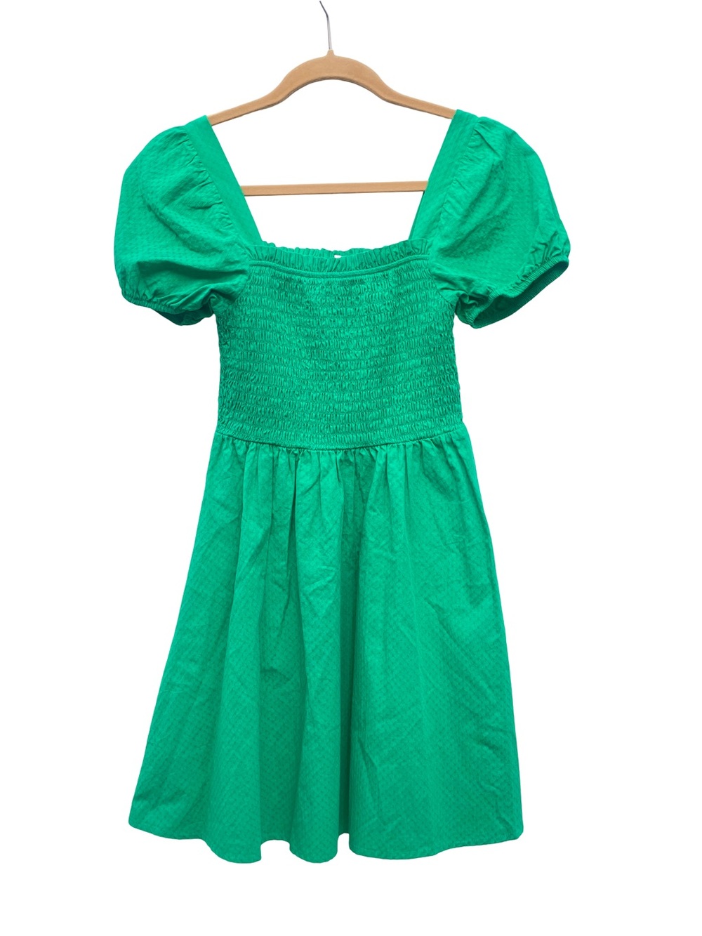 Copper Key green puff sleeve textured smocked square neck mini dress size small